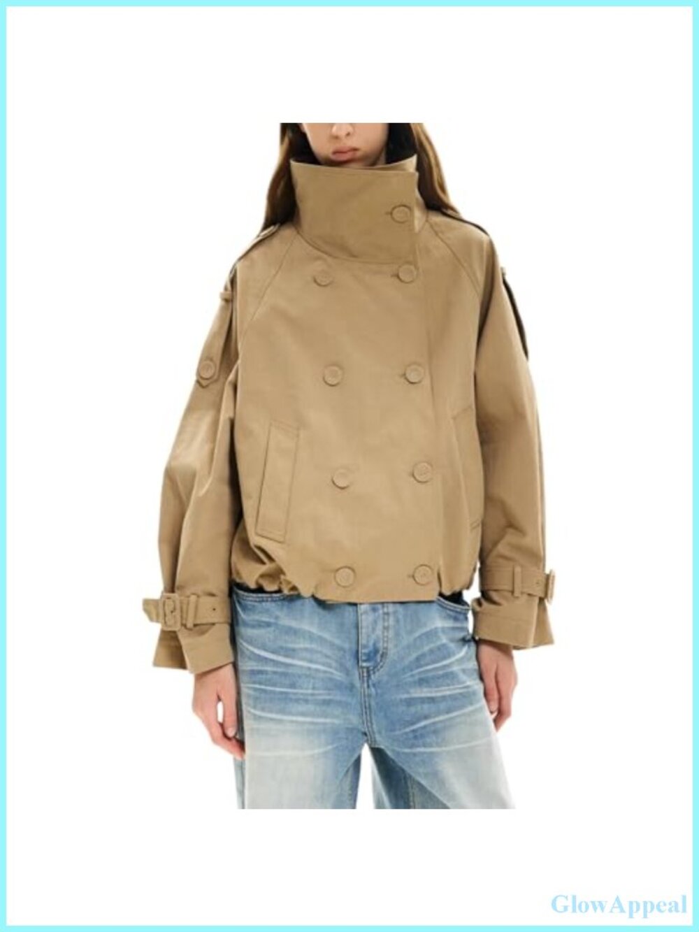 Cropped Trench Coat Funnel Neck Double Breasted Pleated Hem Polyester Twill